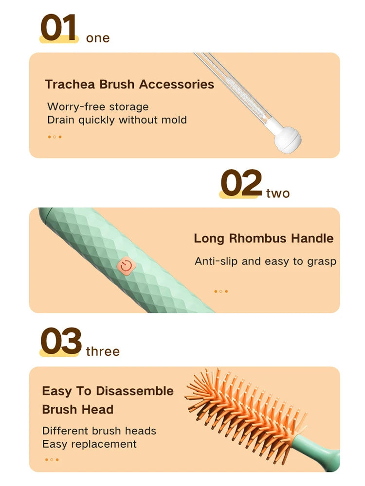 3Pcs Cleaning Brush Electric Bottle Brush Waterproof 360 Degree Rotating Long Handled Silicone Straw Pacifier Cleaning Brush Bay